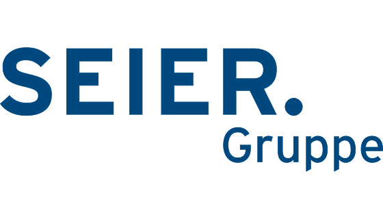 Farbiges Logo der Seier Gruppe mit blauem Punkt hinter dem Namen