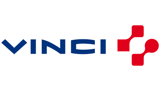 Logo der VINCI Gruppe mit dunkelblauem Schriftzug „VINCI“ und einem roten stilisierten Symbol auf der rechten Seite