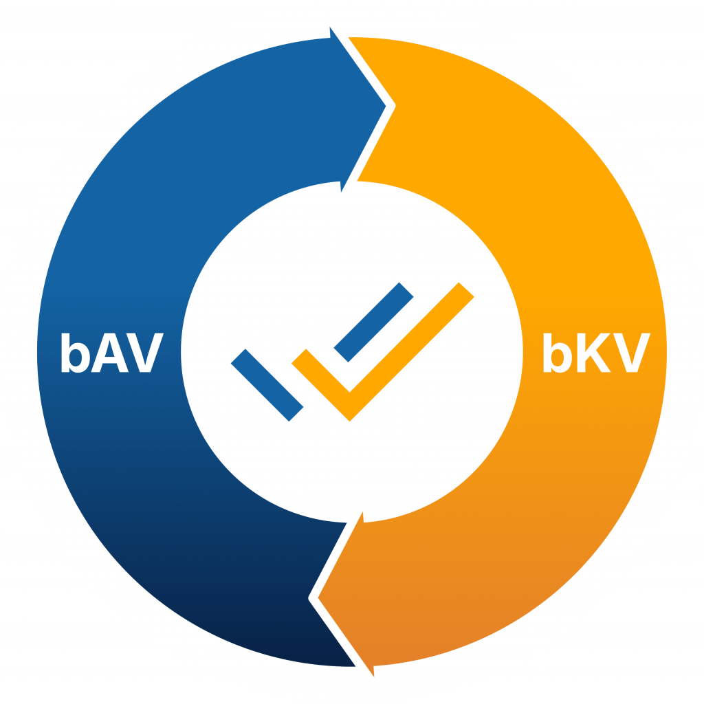 Grafisches Kreissymbol mit zwei Pfeilen: links in Blau mit der Beschriftung „bAV“, rechts in Orange mit „bKV“; in der Mitte ein stilisiertes Häkchen-Symbol.